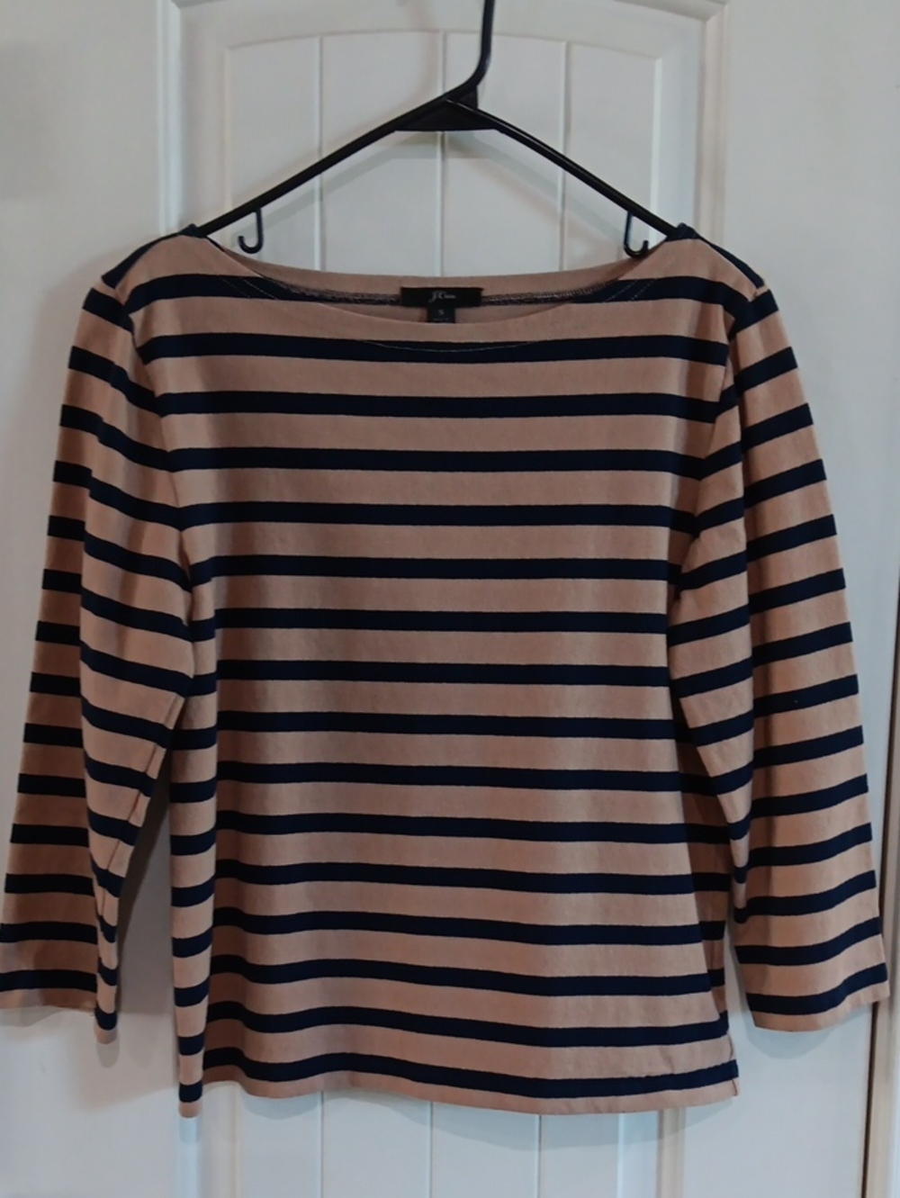 J.Crew Y2K Striped Structured Boatneck Tee Tan Navy Blue Size S